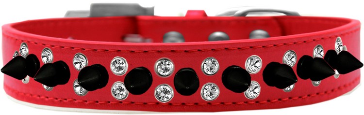 Double Crystal and Black Spikes Dog Collar Red Size 20